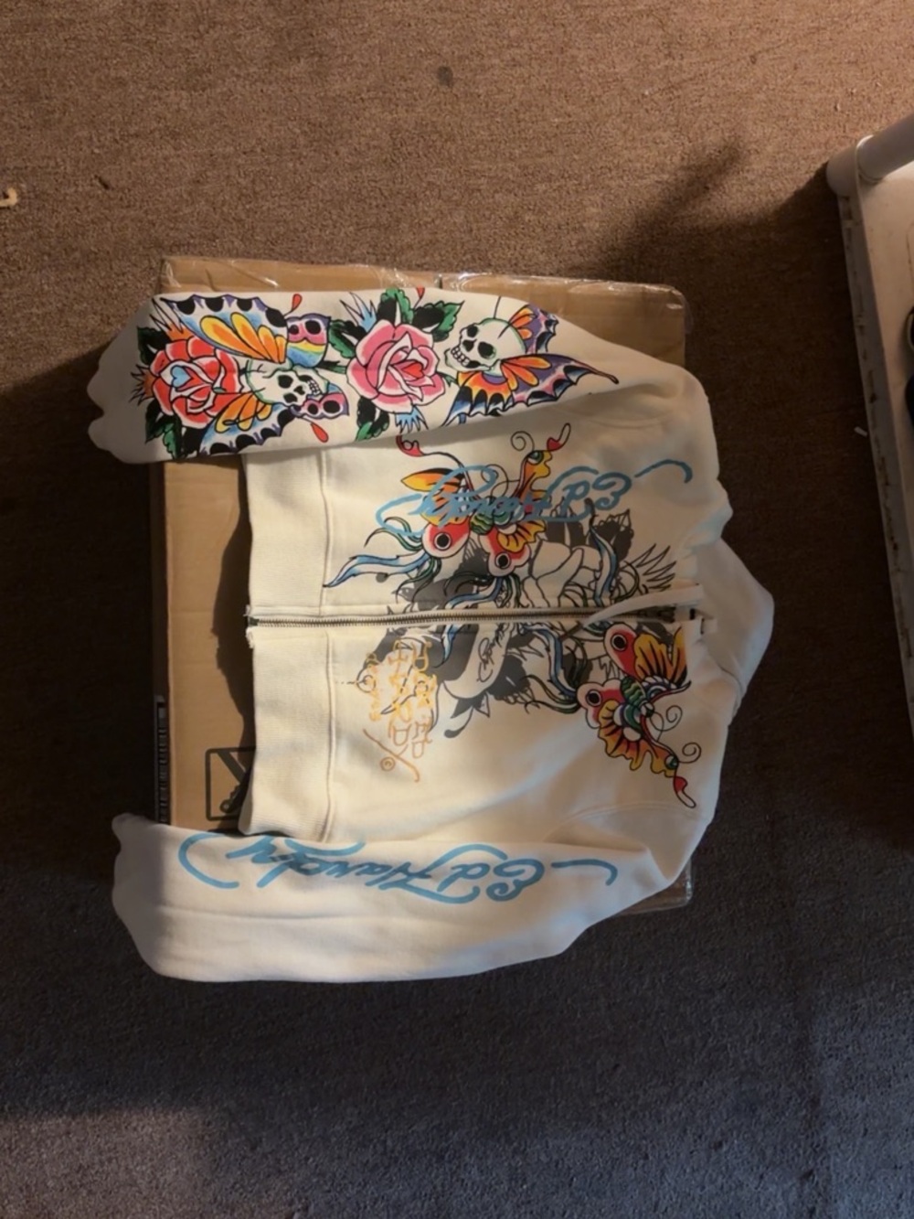 Ed Hardy White Hoodie with Multicolor Tattoo Print
